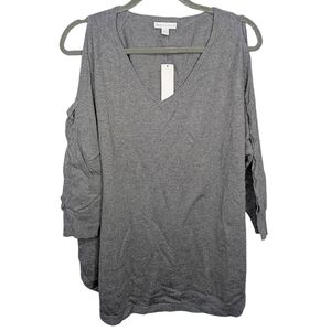 New York & Company Gray V-Neck Tunic Sweater L NWT | Lace-Up Sleeve Detail